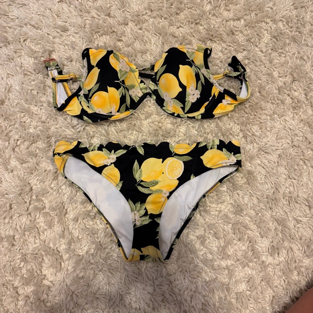 Shade & Shore Black and Yellow Lemon Print Bikini